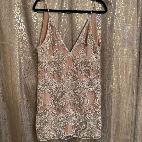 Free People Dresses & Skirts - Free People Night Shimmers Gold Nude Sparkly Mini Dress Size 12
